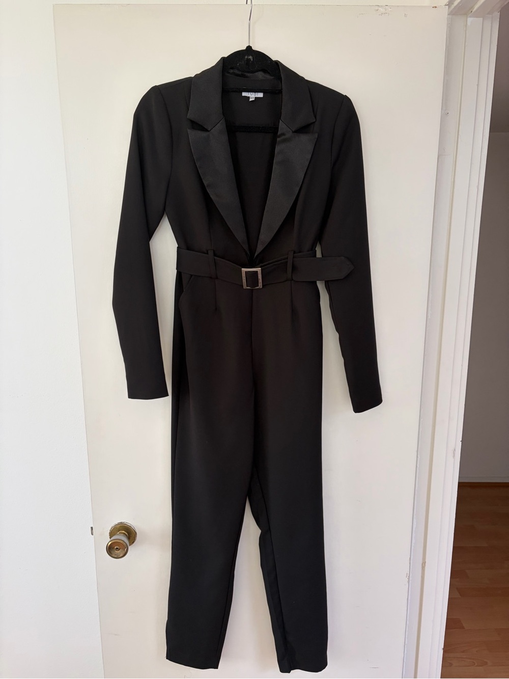 Tobi Black Satin Lapel Belted Jumpsuit